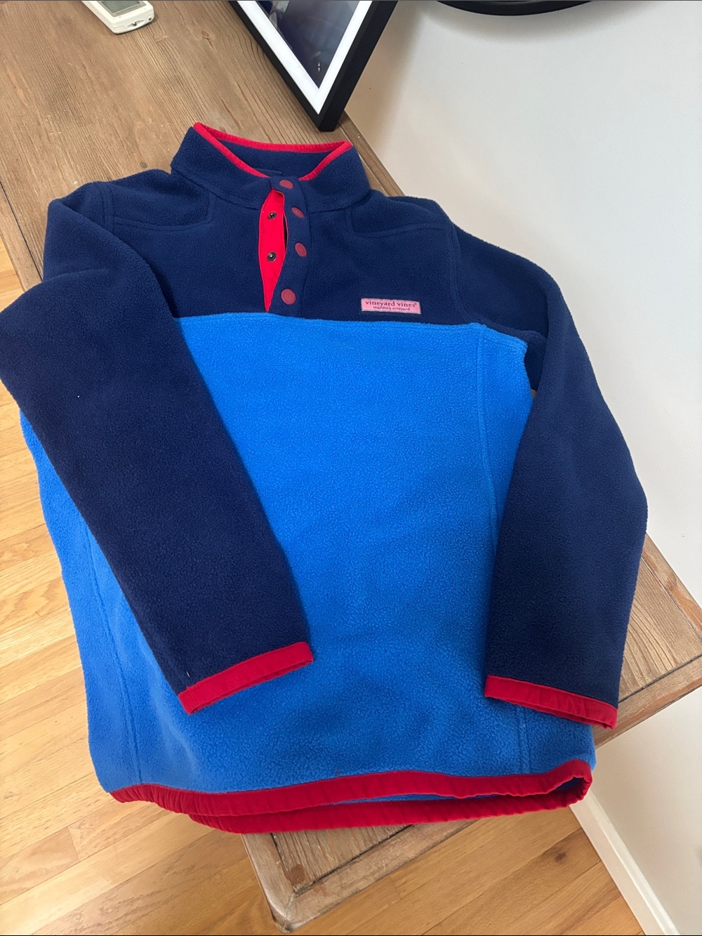 Vineyard Vines Kids Two-Tone Navy & Bright Blue Fleece Pullover with Red Trim